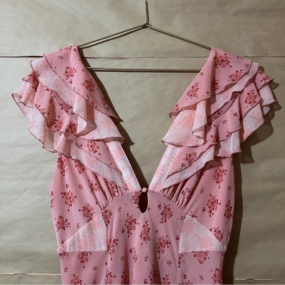 Free People | Joaquin Dress Peach Combo Floral Ruffle Godet Midi Dress Size S - Picture 5 of 15